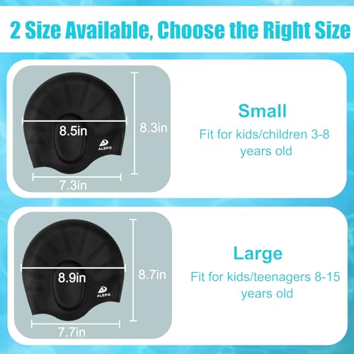 2 Pack Kids Swim Caps for Boys Girls, Durable Silicone Swimming Cap with 3D Ear Pockets for Age 3-15 Toddler Child Youth Teen, Unisex Swim Bath Hats for Short/Long Hair with Ear Plugs Nose Clip