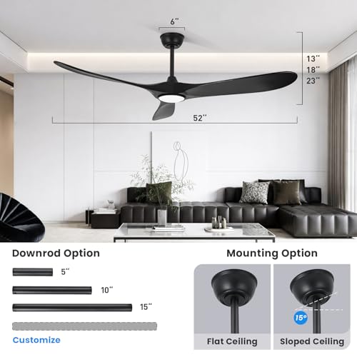 Image of heimo 52 Inch Black Ceiling Fan with Light and Remote, Wood Outdoor Ceiling Fans with Lights Dimmable for Bedroom Living Room Patios Kitchen Modern 3 Blade Propeller Indoor Fan