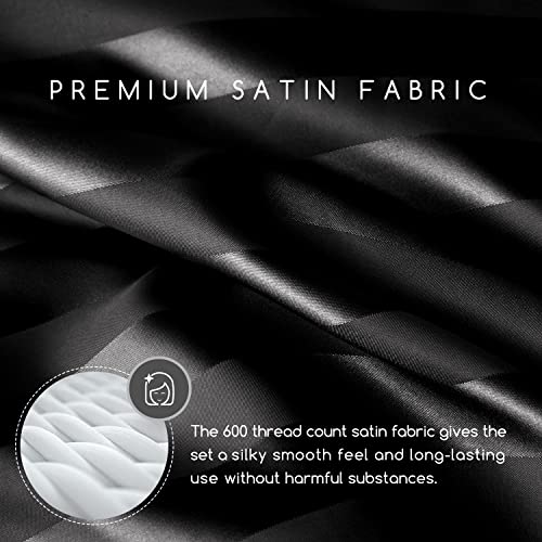 Image of MR&HM Satin Bed Sheets, Queen Size Sheets Set, 4 Pcs Silky Bedding Set with 15 Inches Deep Pocket for Mattress (Queen, Black Striped)