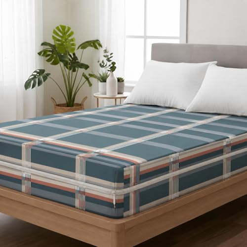 Image of Premium Cotton Printed Mattress Cover /Protector with Zipper Chain|Provides All Around Protection with 360 Encasing | Double King Size Bed - 78x72+8 inches (6.5 x 6 Feet Mattress) Blue Tartan