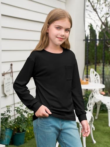 Haloumoning Girls Long Sleeve Shirts Kids Crewneck Soft Tunic Tops Basic Casual T-Shirts 5-14 Years with Pocket2