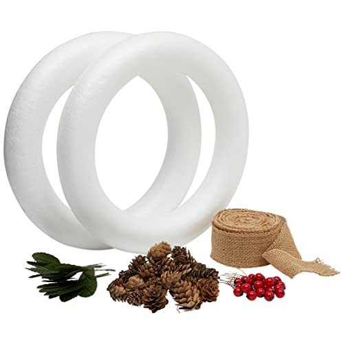 Christmas Wreath 12 inch DIY Kit with 2 Craft Foam Rings, Burlap Ribbon, Berries, Pinecones (75 Pieces Set)