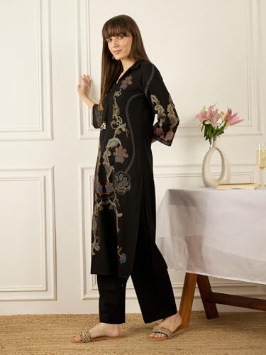 Image of INDO ERA Women's Pure Cotton Floral Embroidered Straight Kurta & Palazzo Set | Cord Set For Women Cotton