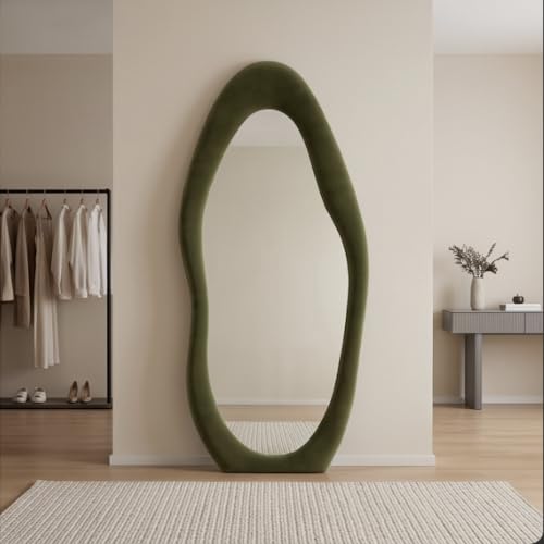 Image of The Artment Fluid Reflection Unbreakable Full-Length Asymmetrical Shape Mirror with Plush Green Velvet Frame, Floor-Standing or wall-Leaning Design for Bedroom, Dressing Area & Home (160 X 60 CM)