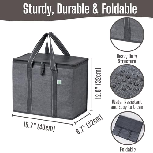 Image of VENO 2 Pack Cooler Bag and Insulated Grocery Bags for Food Delivery, Collapsible Cooler. Reusable Shopping Bags for Groceries with Hard Bottom, Zippered Top, Foldable, Heavy-Duty (Gray, 2 Pack)