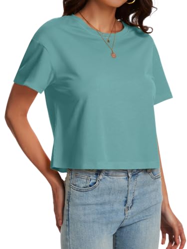 Image of SMENG Women's Crop Tops Cotton Loose Fit Tshirt Basic Short Sleeve Shirt