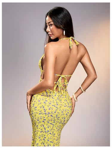 Image of Floerns Women's Summer Blackless Floral Print Halter Neck Midi Dress Light Yellow Medium