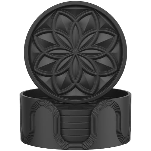 HFHOME Silicone Coasters Set with Holder - 6 Pack Drink Coasters for Coffee Table Bar Desk - Tabletop Protection Gift - Black