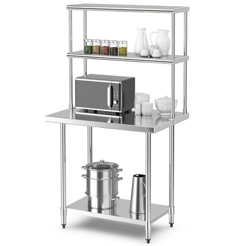 Giantex 36 x 24 Inches Stainless Steel Work Table with Overshelf, Heavy Duty Metal Prep Table with Adjustable Lower & Under Shelves, Workstation for Commercial Kitchen Restaurant Garage Warehouse