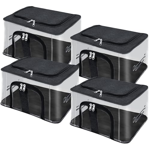 Image of Storite 4 Pack Nylon 33 L PVC Transparent Moisture Proof Storage box for Clothes Closet Wardrobe Organizer for Clothes Saree Bags with Carry Handle (44L x 31W x 24H cm) (Black)