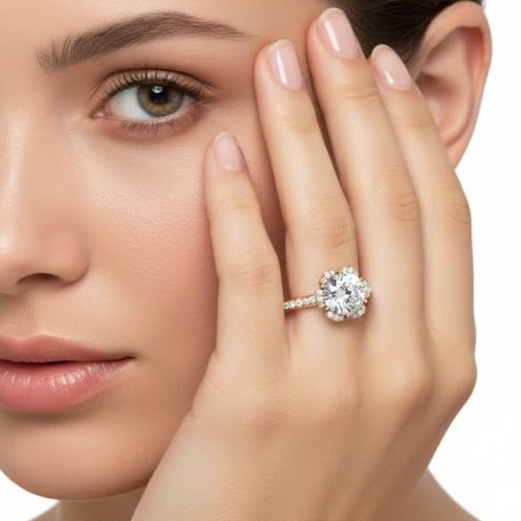Image of 55Carat Choose Your Gemstone 6 Petal Ring Yellow Gold Plated Round Shape Halo Engagement Rings Well Shaped for Any Gift Giving Occassion Modern Style Enchating Women US Size 4 to 12