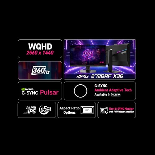 Image of msi MPG 272QRF X36 27-inch 2560 x 1440 (QHD) Gaming Monitor, 360Hz, NVIDIA G-SYNC Pulsar, HDR Ready, HDMI, VGA Port, VESA, Tilt, 0.5ms, Black