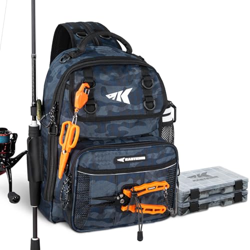 KastKing BaitSpace Fishing Tackle Bag Water-resistant Tackle Storage with 2 Black Camo Tackle Boxes & Detachable Soft Bait Binder Adjustable Backpack for Bank Wading & Boat Fishing