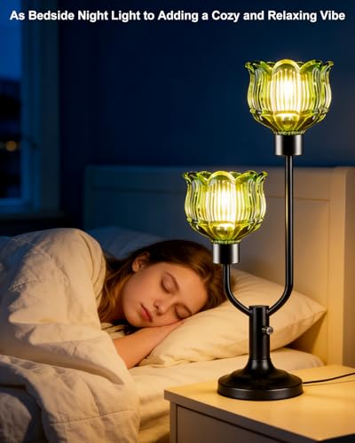 Image of Lightdot Green Glass Table Lamp Dimmable Vintage Black Flower Lamp Gift | Mid Century Modern Desk Lamp 2 Bulbs Included Warmwhite Ambient Nightstand Bedside Lamp for Living Room Bedroom Home Decor