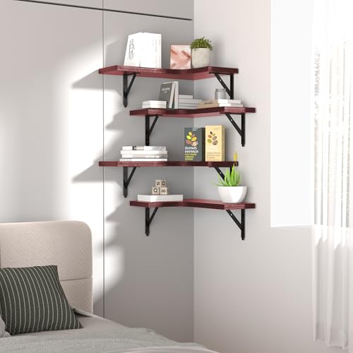 Image of ROMGUAR CRAFT Corner Floating Shelves Wall Mounted Set of 4, Rustic Wood Storage Display Shelves for Home Decor, Bathroom, Kitchen, Bedroom, Living Room, Office (Red)