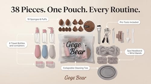 Image of Gege Bear 38-Piece Complete Beauty & Skincare Kit for Women | Spa Headband + Wrist Bands, 18 Sponges & Puffs, 8 Travel Bottles, Collapsible Brush Cleaning Tub, Eyelash Curler, Tweezers, Foundation Brush | All-in-One Makeup Starter & Travel Kit | (Lavender, 38 PCS)