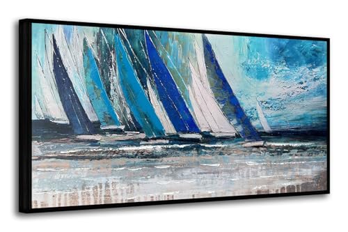 Arjun Framed Wall Art Blue Abstract Wall Art Canvas for Living Room, Teal Coastal Nautical Sailboat Picture Painting Artwork Bedroom Home Office Wall Decor, Black Wood Large 48"x24"