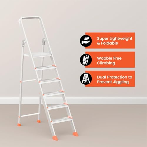 Image of 6 Step Foldable Aluminum Step Ladder with Anti-Slip Steps & Rubber Feet | Heavy-Duty Portable Ladder for Home, Kitchen, Office & Indoor Use (6 Step)