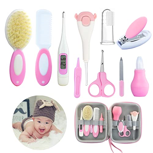 Image of ZELINYE Baby Care Kits,Baby Grooming Kit,10 in 1 Newborn Essentials Must Haves,Baby Nail Clippers Baby Brush Baby Comb Earpick Nose Cleaning Tool Baby Nail File Nursing Baby Kit （Pink）