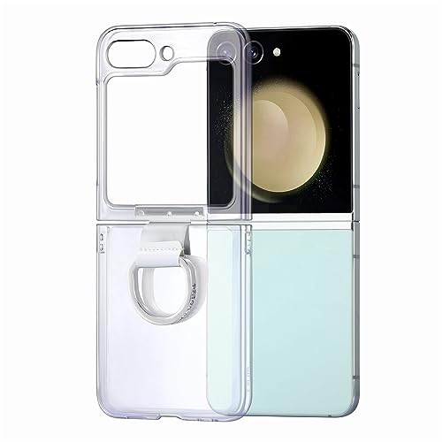 TADALU Slim Case Compatible with Samsung Galaxy Z Flip 5, Premium Thin Transparent Hard PC with Ring Holder Non-Slip Grip Protective Phone Cover for Z Flip5 (2023) - Clear