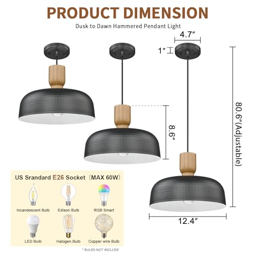Image of Darkaway Dusk to Dawn Industrial Pendant Light Fixtures Ceiling Hanging with Hammered Metal Shade, 2pcs Black Pendant Light for Outdoor Porch Lighting Hanging Lamp Adjustable Height