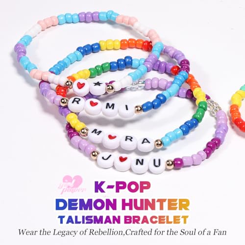 AICase for Kpop Demon Hunters Merch Rumi Zoey Mira Saja Jinu Inspired Bracelets 6 Pcs Stackable Stretch Friendship Beaded Bracelets for Huntrix Saja k pop Unique Merchandise Jewelry Gifts for Fans_583