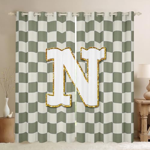 Image of Erosebridal Sage Green Checkered Blackout Curtains for Bedroom Living Room Plaid Initial N Window Curtains 2 Panels 52 inch Wx84 L Personalized Monogram Drapes,Grids Gingham Window Treatments