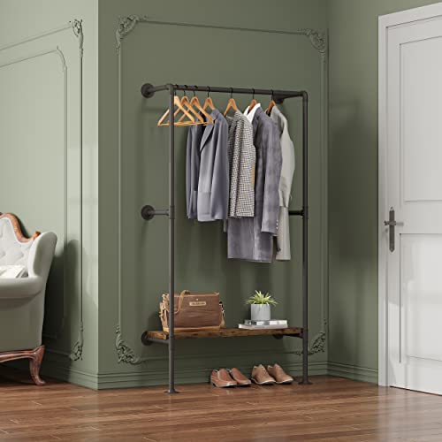 WOLTU Kleiderstange industrial schwarz,Kleiderständer für Wandmontage,Garderobenständer mit Ablage,für Schlafzimmer,Kleiderstangensystem aus Metallrohren MDF