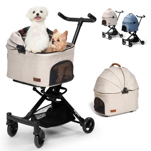【小型犬専用】PETTENA 分離型 ペットカート 小型犬 軽量型 耐荷重20KG 超コンパクト 組立簡単 犬バギー 猫 自立可能 使用便利 小型犬多頭 犬用カート 高い安定性 アルミ合金フレーム 振動減少タイヤ お出かけ 散歩 通院 ショッピング 18か月保証期間 PETTENA PETITE (ベージュ)
