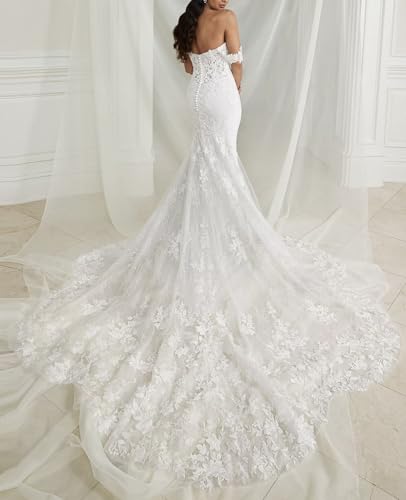 Women's Mermaid Wedding Dresses for Bride Detachable Off The Shoulder Straps Lace Applique Bride Dress with Train2