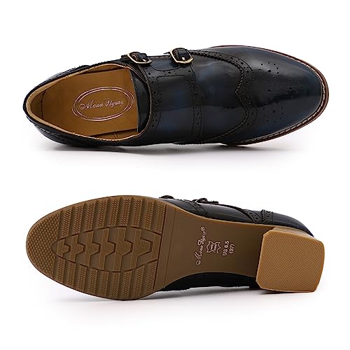 Mona flying Womens Leather Chunky Heel Monk Strap Oxfords Wingtip Ladies Mid Heel Dress Loafers Pumps Shoes with Buckle - Image 5
