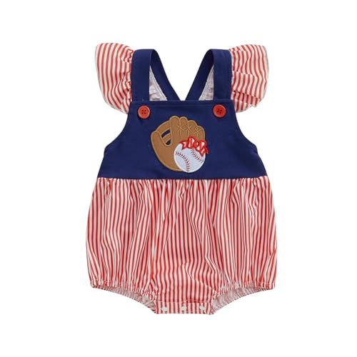 Baby Girl Baseball Outfits Fly Sleeve Stripe Print Square Neck Baseball Embroidery Romper Newborn Summer Clothes
