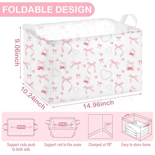 Image of Chunful 4 Pcs Coqutte Pink Bow Storage Baskets Cute Preppy Pink Hamper Storage Bins Foldable Laundry Baskets with Handle Collapsible Organizer for Home Bathroom, Offices, Bedrooms