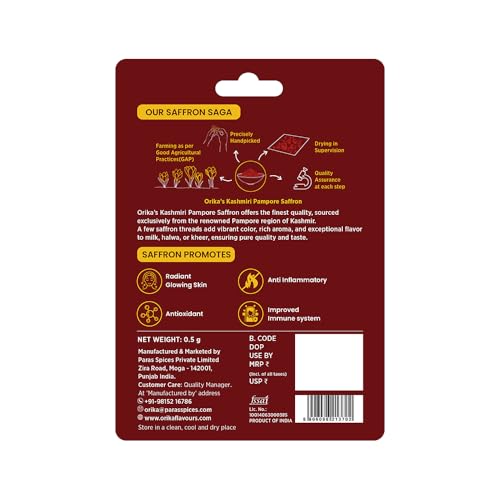 Image of Orika Kashmiri Pampore Saffron /Kesar - 0.5g | Authentic Flavor, Natural & Pure Saffron for Cooking, Baking, & Wellness