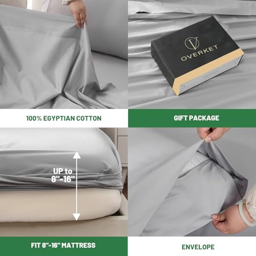 Image of 100% Egyptian Cotton Sheets Cal King Sheet Set 4PCS 1000 Thread Count Sateen Weave Soft Breathable 16-Inch Deep Pocket(California King,Grey)