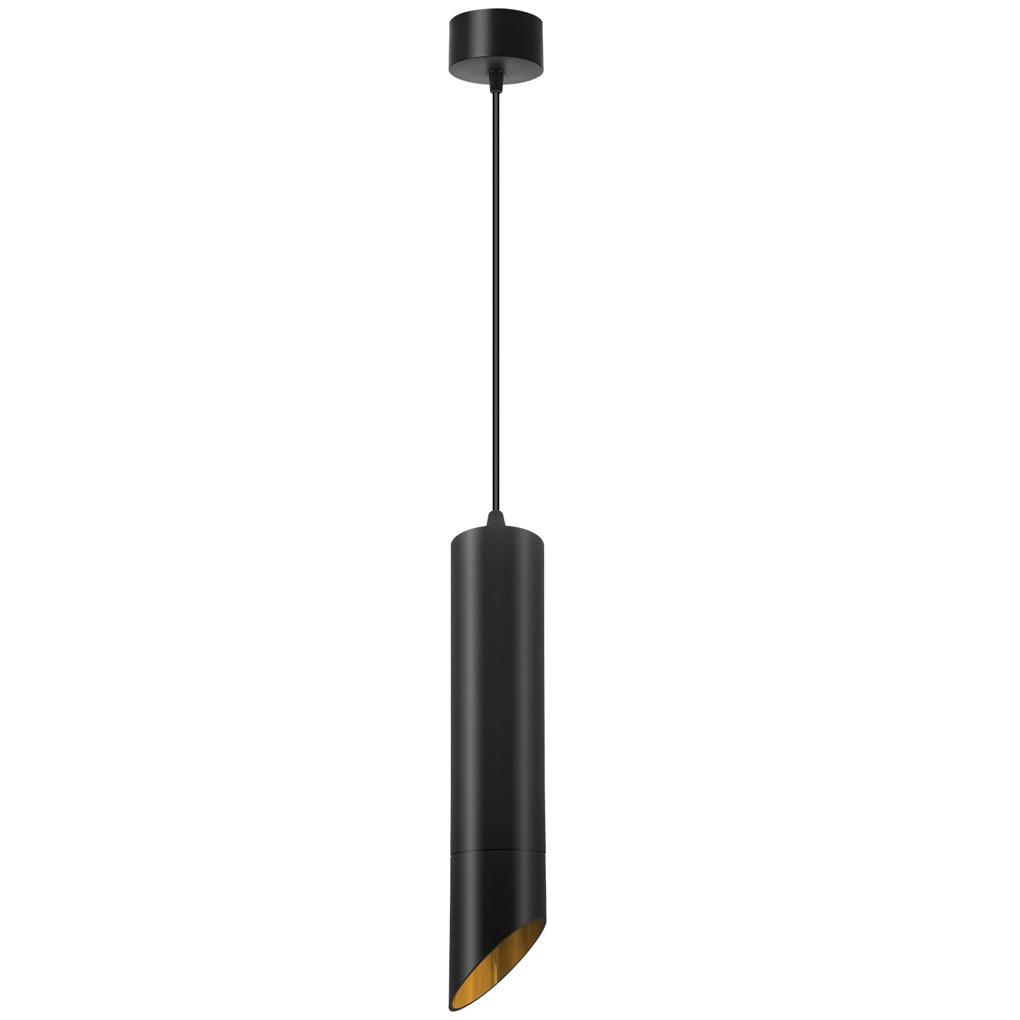 Modern Black Pendant Ceiling Light, Adjustable Hanging Lamp with Gold Interior, 6cm Diameter Cylinder Shade, 30cm Height, Max Drop 95cm, Minimalist Lighting for Kitchen Island, Dining Room & Bar