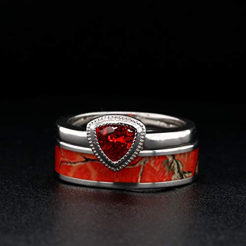 QUALITY IMPROVED 3pc His & Hers Red Camo Stainless Steel Band 925 Sterling Silver Ruby Engagement Wedding Ring Set4
