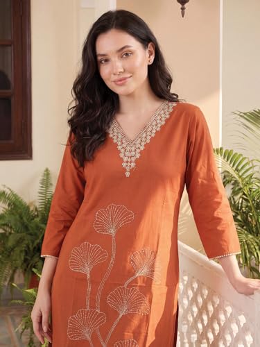 Image of INDO ERA Women Viscose Rayon Straight Fit Straight Floral Embroidered Kurtas