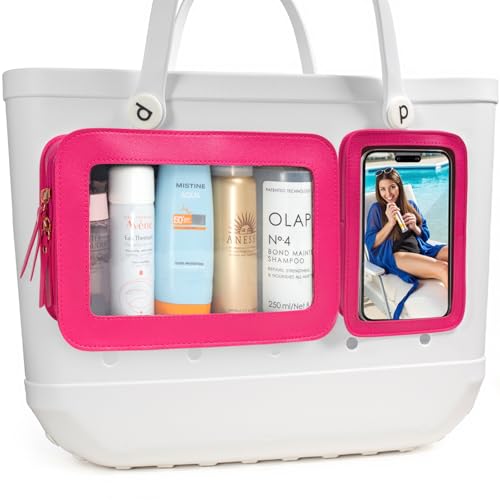 Image of LETGO Clear Insert Bag for Bogg Bag Accessories - 2 Packs Leather Zipper Insert Pouch for Bogg Tote Travel Makeup Clean Toiletry Handbag Organizer Cosmetic Divider Storage Inner Pouch(Hot Pink