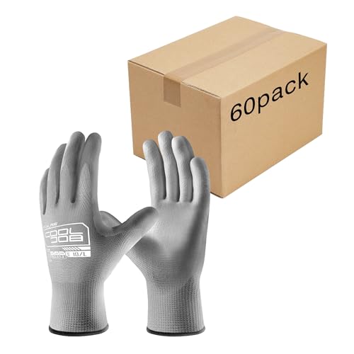 Image of COOLJOB 60 Pairs Safety Work Gloves Pack Bulk with Grip PU Coating | Breathable Lightweight Gloves with Polyurethane Dipped for Men Women, 13 Gauge Seamless Knit Thin Gloves, Grey Large