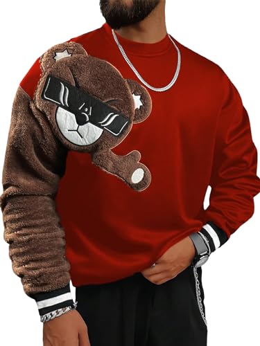WDIRARA Men's Bear Patched Drop Shoulder Sweatshirt Round Neck Long Sleeve Pullover Sweatshirts - Main Image