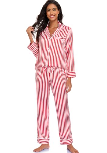 Image of Serenedelicacy Women's Satin Pajama Set Long Sleeve Button Down Sleepwear 2-Piece Silky Pj Set