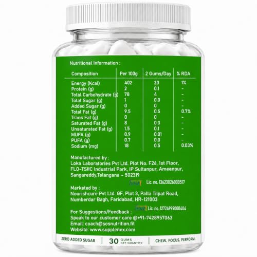Image of Caffeine Energy Gum with L-Theanine and Taurine for Focus, Memory & Alertness | Zero Added Sugar Chewing Gum | Mint Flavor | 30 Gums