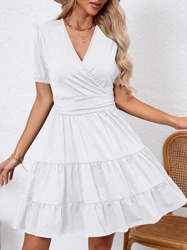 Image of Women's Casual Summer Dress V Neck Short Sleeve Flowy Stretchy Comfort Fit for Daily Wear Work Midi Dresses
