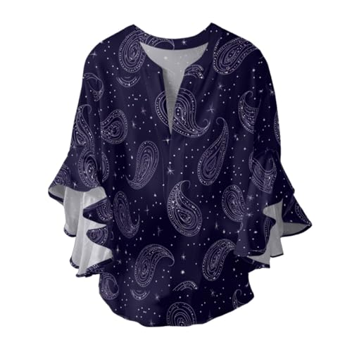 SUGEBETA Mujeres Paisley Estampado Cuello en V Ruffled Flare Manga Camisetas Casual Tops(S,Stars Paisley) SUGEBETA Mujeres Paisley Estampado Cuello en V Ruffled Flare Manga Camisetas Casual Tops(S,Stars Paisley)
