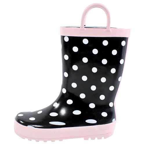 Hudson Baby Infant Girl Rain Boots, Black Dot Pink, 4 Toddler