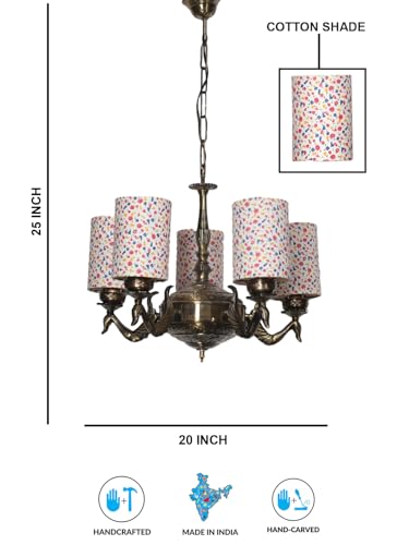 Image of Devansh 05-Light Round Printed Multicolor Cotton Shade Chandelier - Antique Golden Finish | Adjustable Cord | Warm Glow Lamp - Ceiling Light for Living Room, Dining Area, BedroomDecor - D12