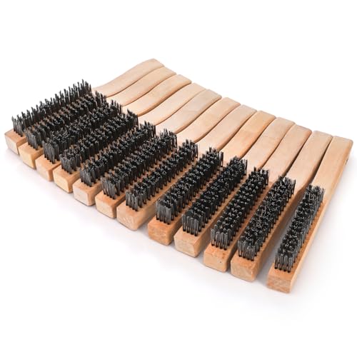 Image of Elsjoy 12 Pack 10 Inch Stainless Steel Carbon Steel Wire Scratch Brush with Wooden Handle, Crimped Wire Bristles for Rust, Paint, Welding Slag Removal