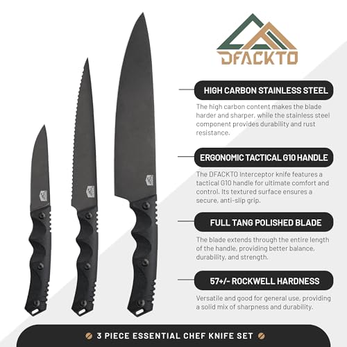 DFACKTO Premium Rugged 3-Piece Kitchen and Camping Knife Set, High Carbon Stainless Steel, G10 Handles, Full Tang - BBQ, Tactical, Outdoor Cooking - Includes 8" Chef, 6" Utility, 3.5" Paring - Black - Image 3