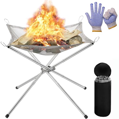 Portable Fire Pit for Camping 42cm Outdoor Folding Firepit Fireplace with Heat Resistant Gloves & Carrying Bag Stainless Steel Foldable Mesh BBQ Fire Bowl for Picnics Bonfire (Sliver Medium)